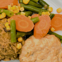 HAMBURGUESA DE POLLO CON PURÉ DE BATATA Y PANACHE DE VEGETALES – (CL03)